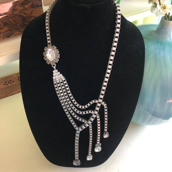 Fashion Jewelry Pewter Necklace Large Dripping Rhinestones 22" to 27" - Picture 9 of 12